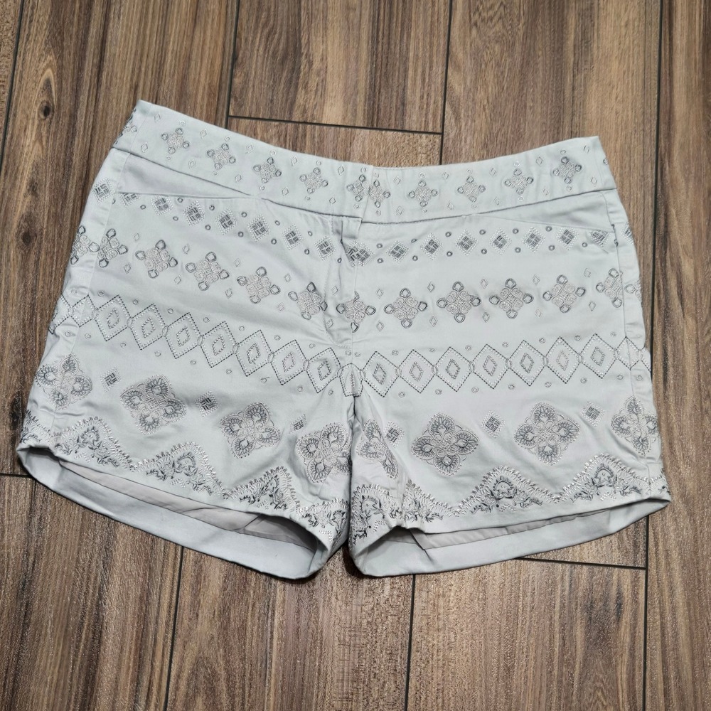 White House Black Market Womens Embroidered Shorts Gray Silver Geometric